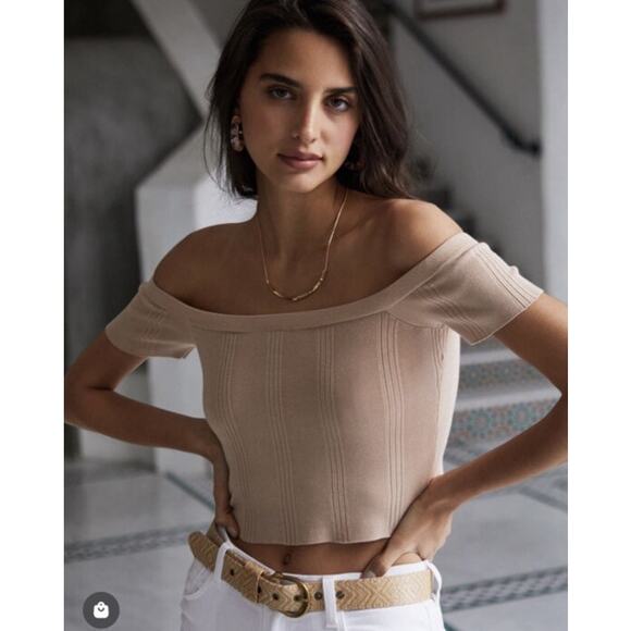 L’AGENCE Yuki Off The Shoulder Knit Top Beige Candied Ginger - Size XS - Picture 2 of 7